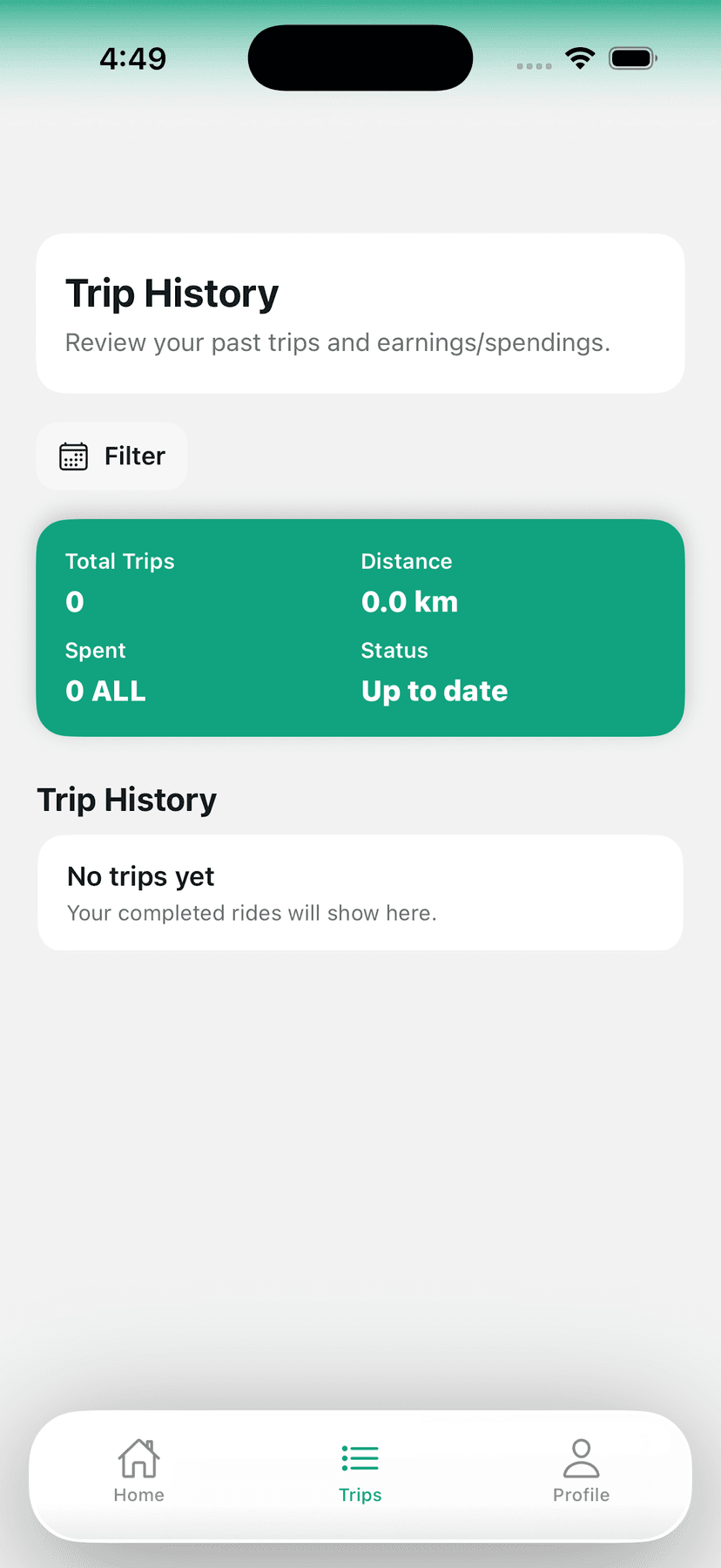 Trip history screen with past rides and receipts