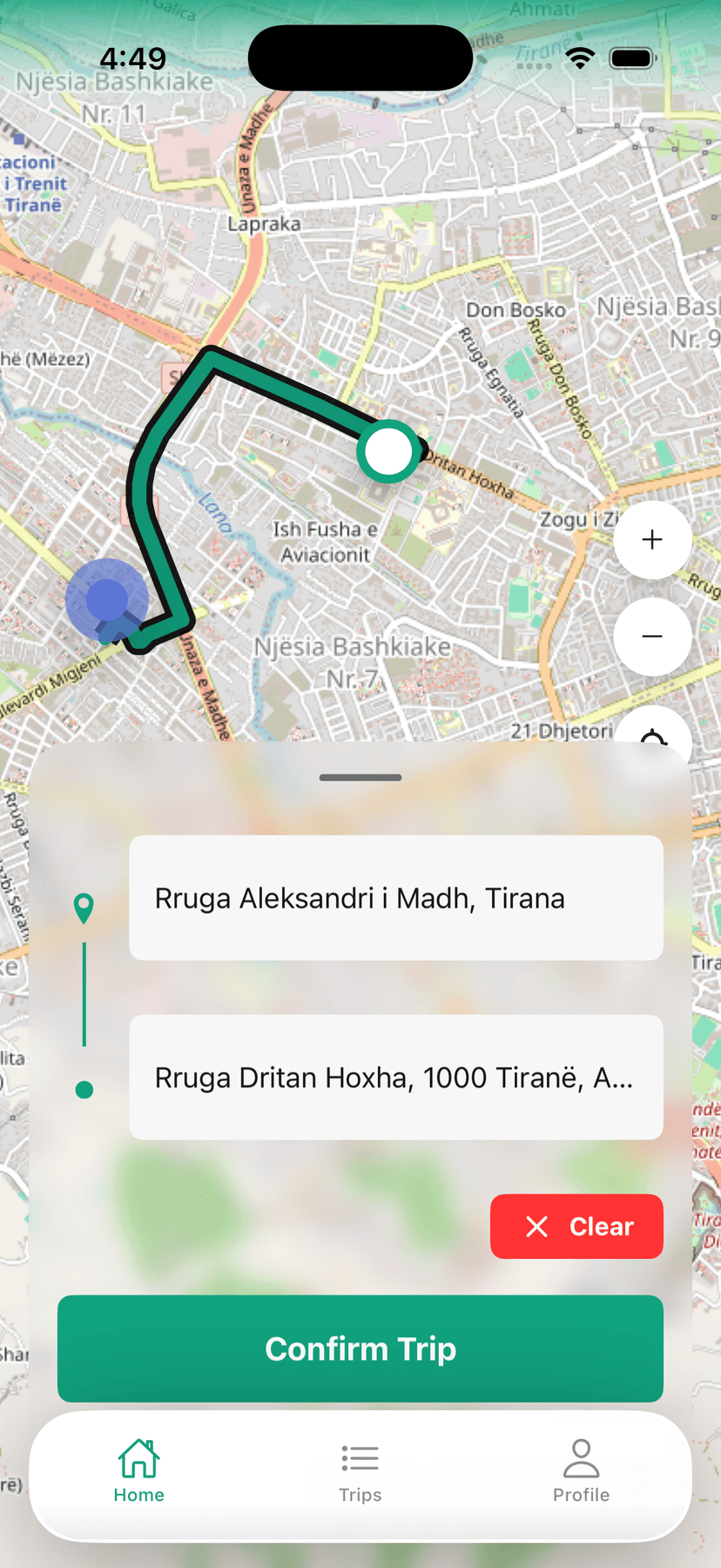 Route screen showing live map and driver location